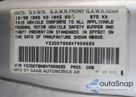 1999 Saab 9-3 S z USA, uszkodzony, nr VIN YS3DD78N8X7050685